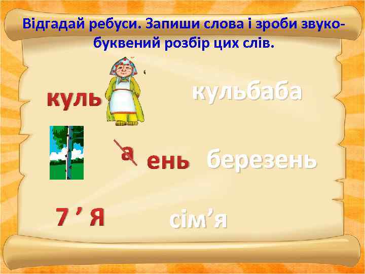 Відгадай ребуси. Запиши слова і зроби звукобуквений розбір цих слів. кульбаба а ень березень