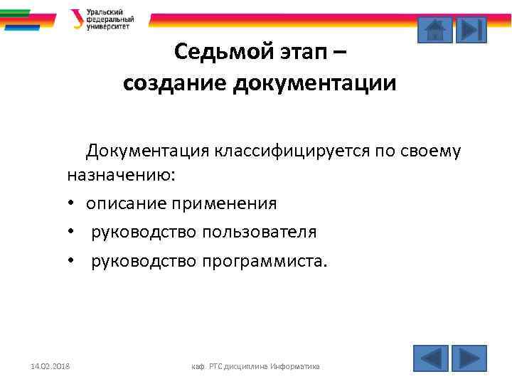 Седьмой этап – создание документации Документация классифицируется по своему назначению: • описание применения •