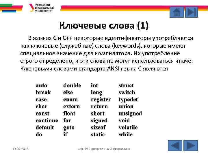 Ключевые слова (1) В языках С и C++ некоторые идентификаторы употребляются как ключевые (служебные)