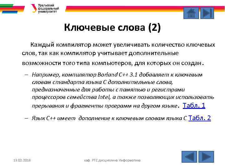 Ключевые слова (2) Каждый компилятор может увеличивать количество ключевых слов, так компилятор учитывает дополнительные