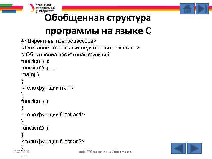 Обобщенная структура программы на языке С #<Директивы препроцессора> <Описание глобальных переменных, констант> // Объявление