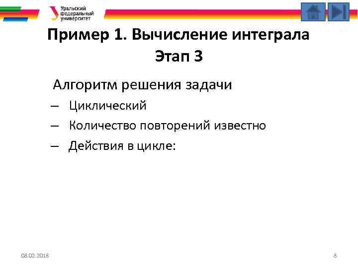 Пример 1. Вычисление интеграла Этап 3 Алгоритм решения задачи – Циклический – Количество повторений
