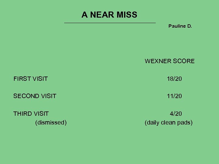 A NEAR MISS ___________________________ Pauline D. WEXNER SCORE FIRST VISIT 18/20 SECOND VISIT 11/20