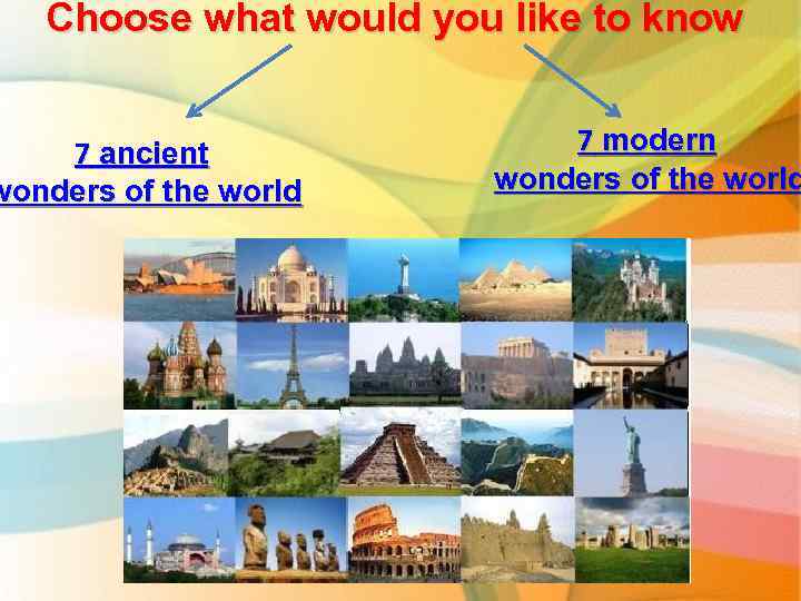 Choose what would you like to know 7 ancient wonders of the world 7