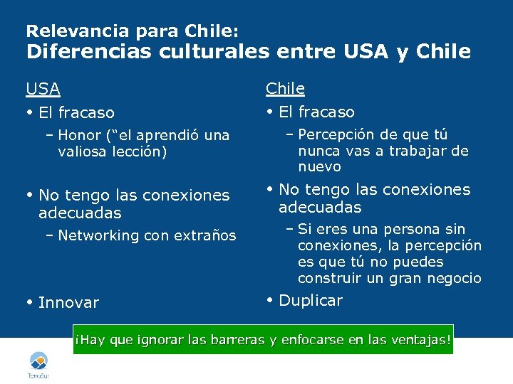 Relevancia para Chile: Diferencias culturales entre USA y Chile USA El fracaso Chile El