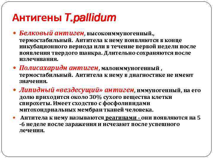 Антигены T. pallidum Белковый антиген, высокоиммуногенный. , термостабильный. Антитела к нему появляются в конце