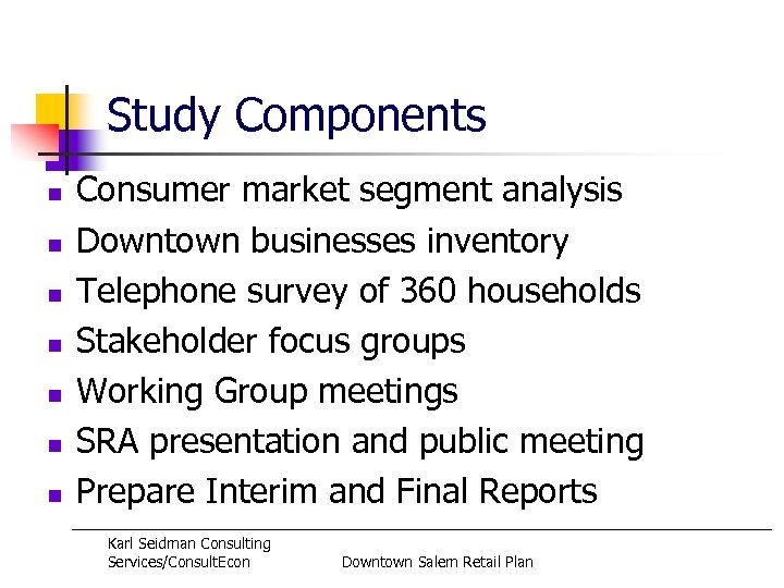 Study Components n n n n Consumer market segment analysis Downtown businesses inventory Telephone