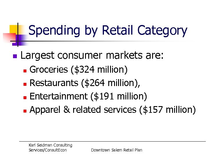 Spending by Retail Category n Largest consumer markets are: Groceries ($324 million) n Restaurants
