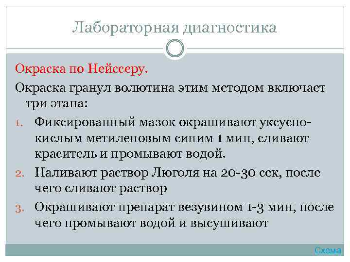 Лабораторная диагностика Окраска по Нейссеру. Окраска гранул волютина этим методом включает три этапа: 1.