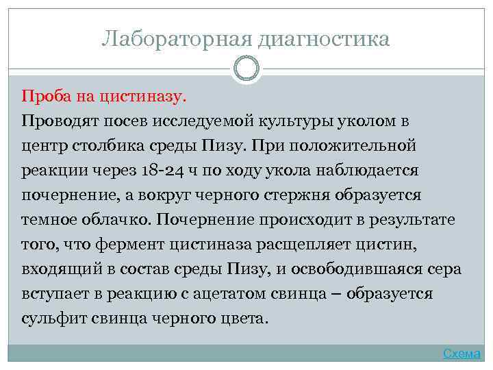 Лабораторная диагностика Проба на цистиназу. Проводят посев исследуемой культуры уколом в центр столбика среды