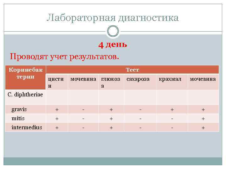 Лабораторная диагностика 4 день Проводят учет результатов. Коринебак терии Тест цисти н мочевина глюкоз
