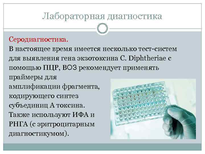 Лабораторная диагностика Серодиагностика. В настоящее время имеется несколько тест-систем для выявления гена экзотоксина C.