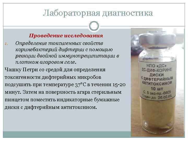 Лабораторная диагностика Проведение исследования 1. Определение токсигенных свойств коринебактерий дифтерии с помощью реакции двойной