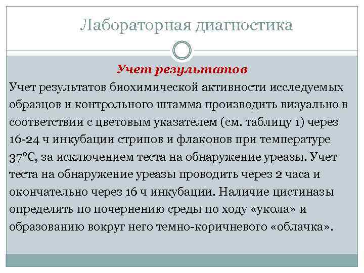 Лабораторная диагностика Учет результатов биохимической активности исследуемых образцов и контрольного штамма производить визуально в