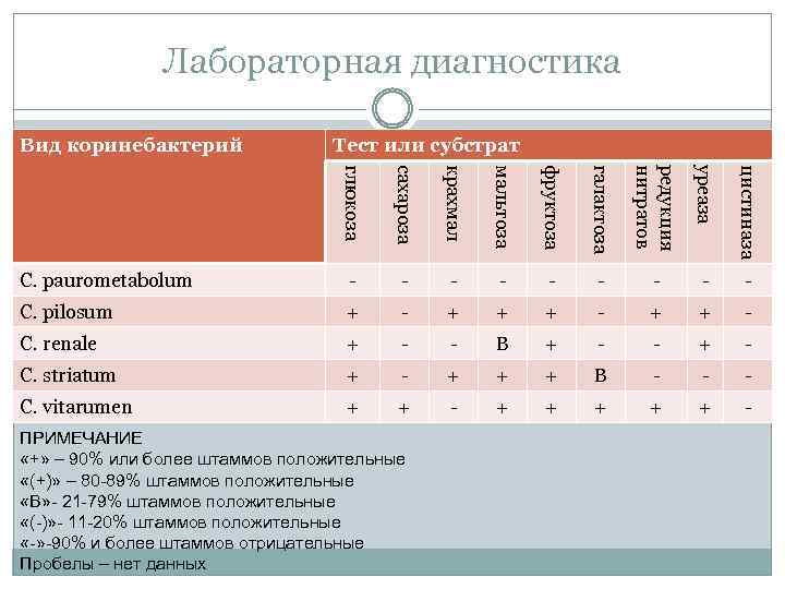 Лабораторная диагностика Вид коринебактерий Тест или субстрат глюкоза сахароза крахмал мальтоза фруктоза галактоза редукция