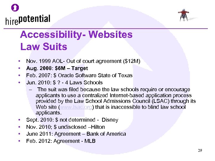 Accessibility- Websites Law Suits • • Nov. 1999 AOL- Out of court agreement ($12