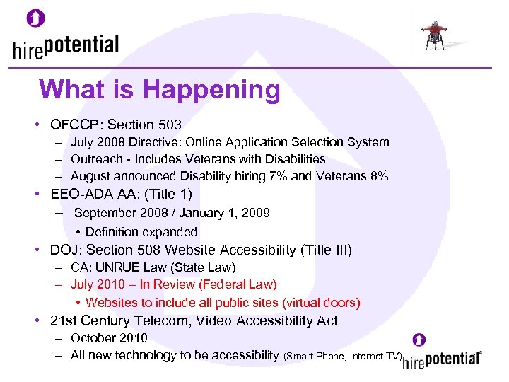 What is Happening • OFCCP: Section 503 – July 2008 Directive: Online Application Selection