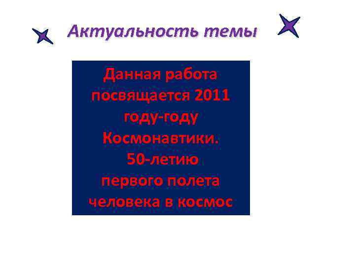 Актуальность темы Данная работа посвящается 2011 году-году Космонавтики. 50 -летию первого полета человека в