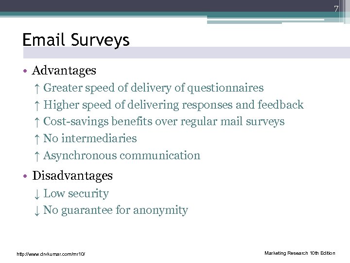 7 Email Surveys • Advantages ↑ Greater speed of delivery of questionnaires ↑ Higher