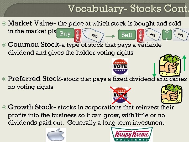 Vocabulary- Stocks Cont. Market Value- the price at which stock is bought and sold