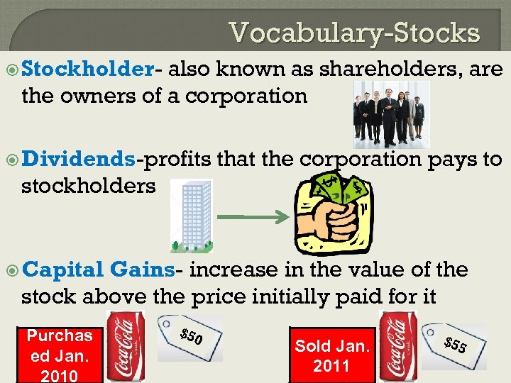 Vocabulary-Stocks Stockholder- also known as shareholders, are the owners of a corporation Dividends-profits that