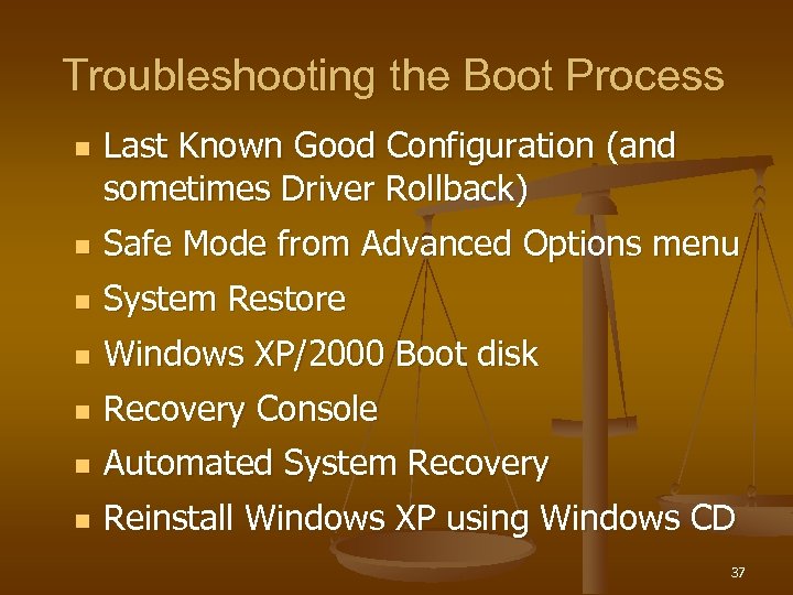 Troubleshooting the Boot Process n Last Known Good Configuration (and sometimes Driver Rollback) n