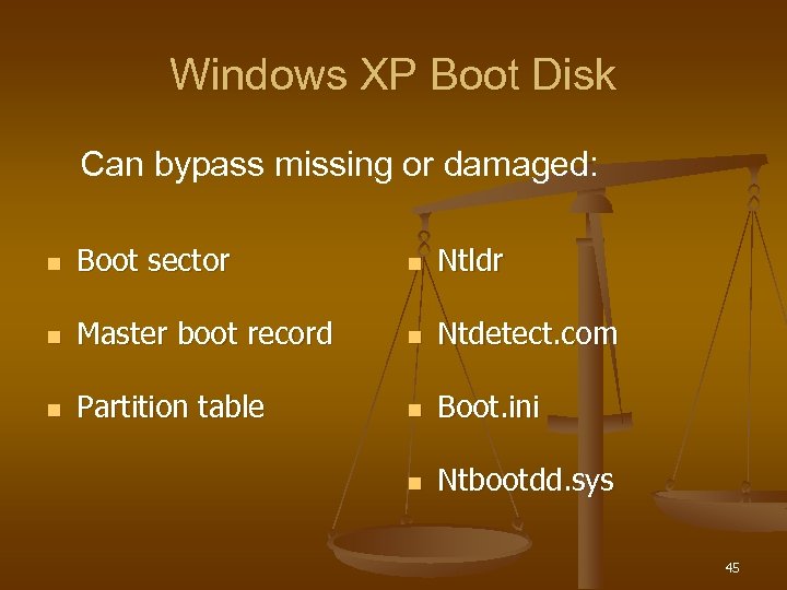 Windows XP Boot Disk Can bypass missing or damaged: n Boot sector n Ntldr