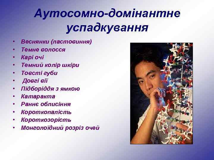 Аутосомно-домінантне успадкування • • • Веснянки (ластовиння) Темне волосся Карі очі Темний колір шкіри