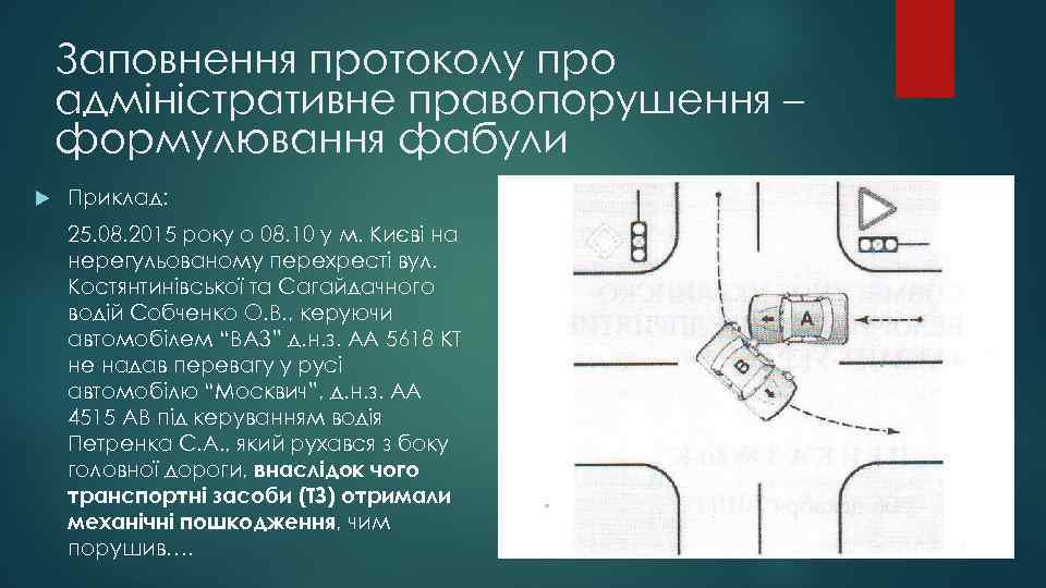 Заповнення протоколу про адміністративне правопорушення – формулювання фабули Приклад: 25. 08. 2015 року о