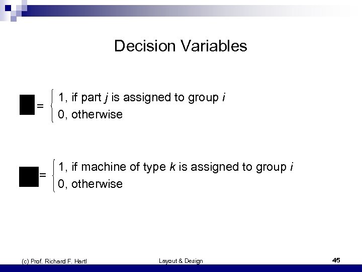 Decision Variables = 1, if part j is assigned to group i 0, otherwise