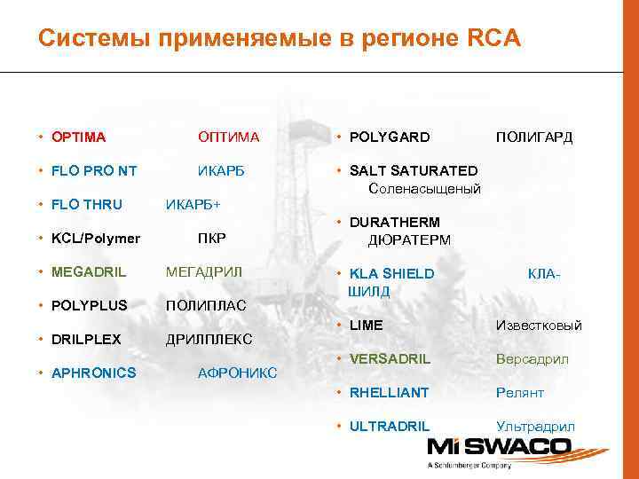 Системы применяемые в регионе RCA • OPTIMA ОПТИМА • POLYGARD • FLO PRO NT