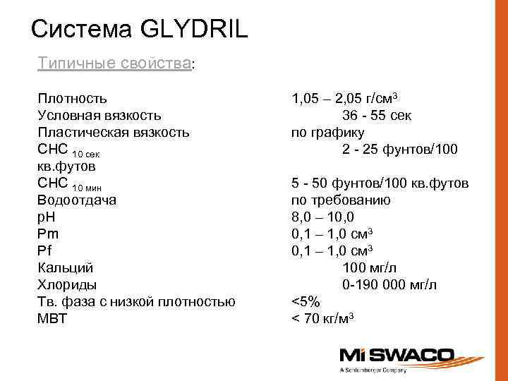 Система GLYDRIL Типичные свойства: Плотность Условная вязкость Пластическая вязкость СНС 10 сек кв. футов