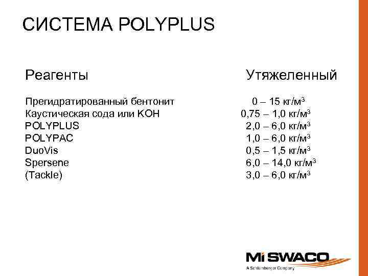 СИСТЕМА POLYPLUS Реагенты Прегидратированный бентонит Каустическая сода или KOH POLYPLUS POLYPAC Duo. Vis Spersene