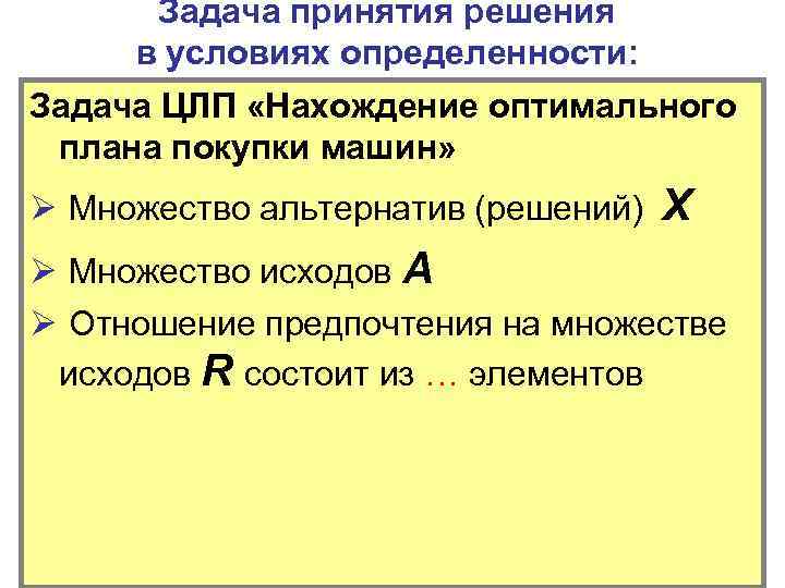 Задача принятия решения в условиях определенности: Задача ЦЛП «Нахождение оптимального плана покупки машин» Ø