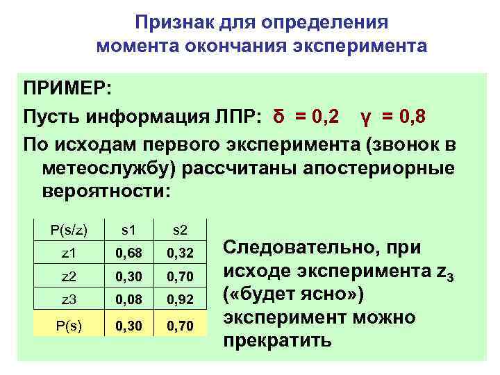 Признак для определения момента окончания эксперимента ПРИМЕР: Пусть информация ЛПР: δ = 0, 2