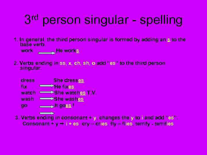 3 rd person singular - spelling 1. In general, the third person singular is