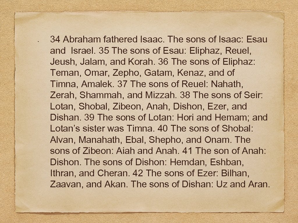 34 Abraham fathered Isaac. The sons of Isaac: Esau and Israel. 35 The sons