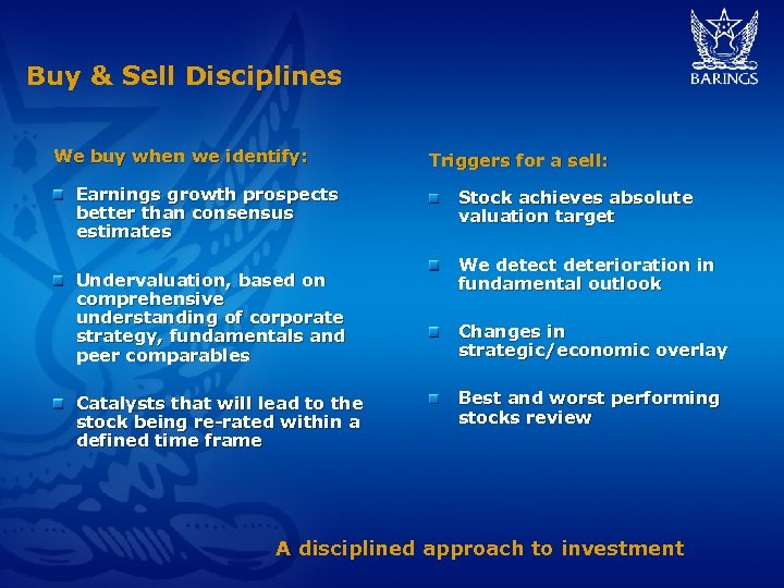 Buy & Sell Disciplines We buy when we identify: Earnings growth prospects better than