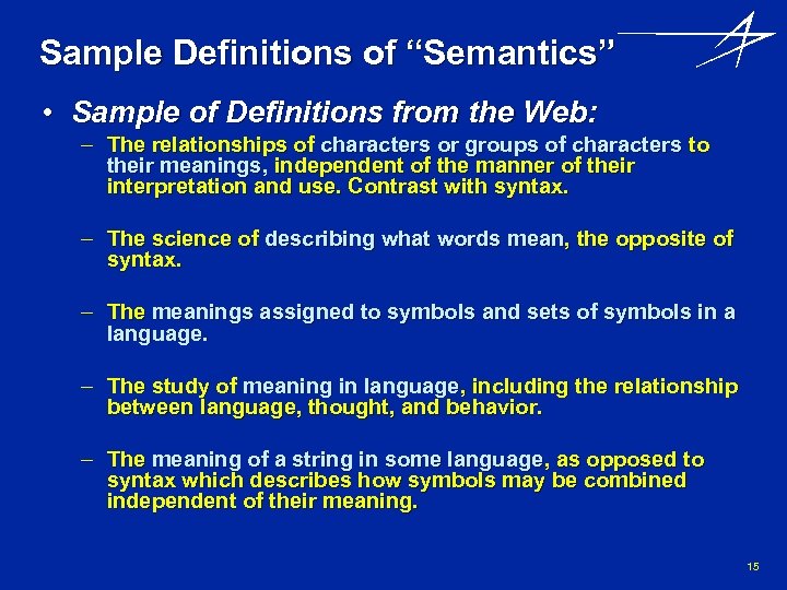 Sample Definitions of “Semantics” • Sample of Definitions from the Web: – The relationships