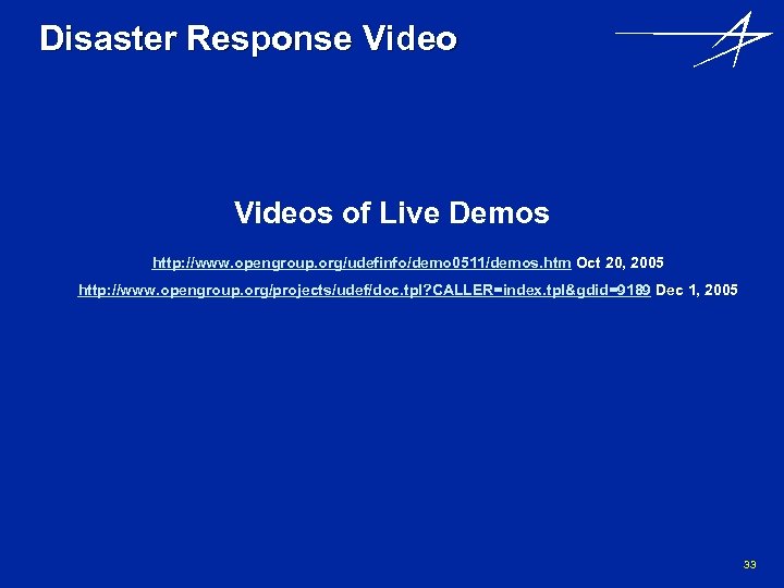 Disaster Response Videos of Live Demos http: //www. opengroup. org/udefinfo/demo 0511/demos. htm Oct 20,