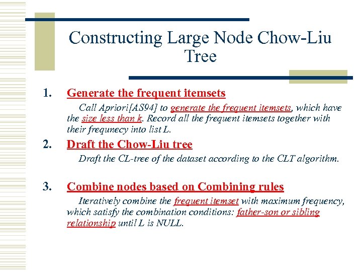 Constructing Large Node Chow-Liu Tree 1. Generate the frequent itemsets Call Apriori[AS 94] to