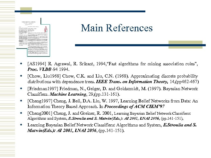 Main References w w w [AS 1994] R. Agrawal, R. Srikant, 1994, “Fast algorithms