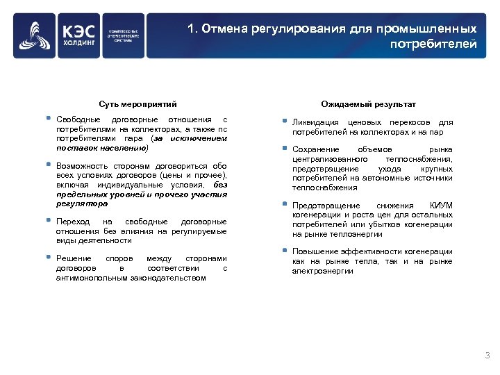 1. Отмена регулирования для промышленных потребителей Суть мероприятий Свободные договорные отношения с потребителями на
