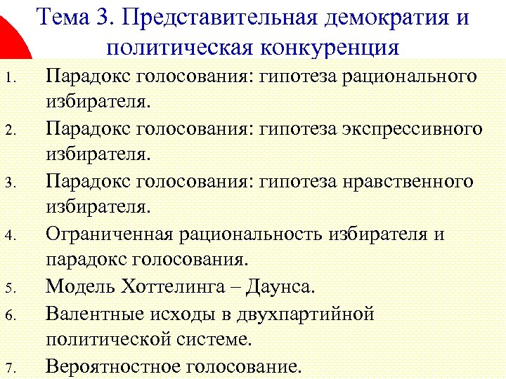 Тема 3. Представительная демократия и политическая конкуренция 1. 2. 3. 4. 5. 6. 7.