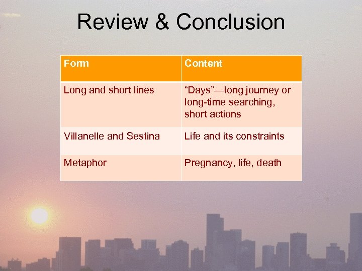 Review & Conclusion Form Long and short lines “Days”—long journey or long-time searching, short