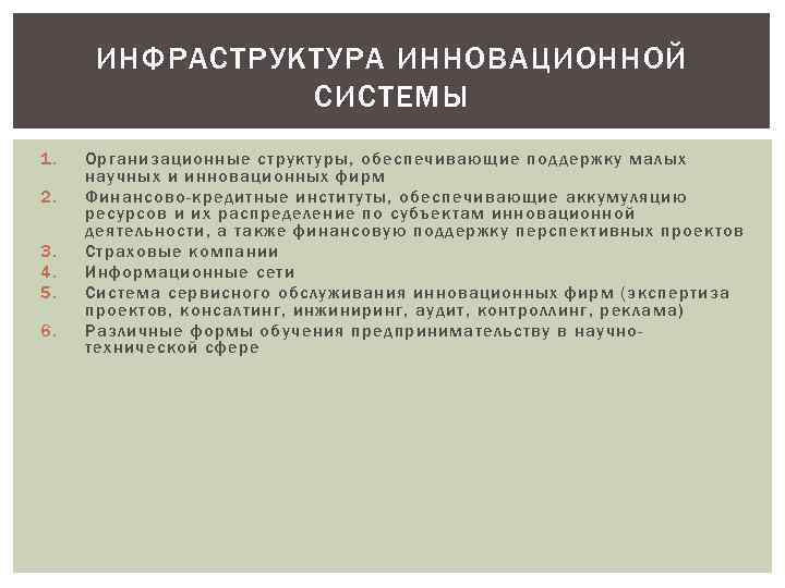 ИНФРАСТРУКТУРА ИННОВАЦИОННОЙ СИСТЕМЫ 1. 2. 3. 4. 5. 6. Организационные структуры, обеспечивающие поддержку малых