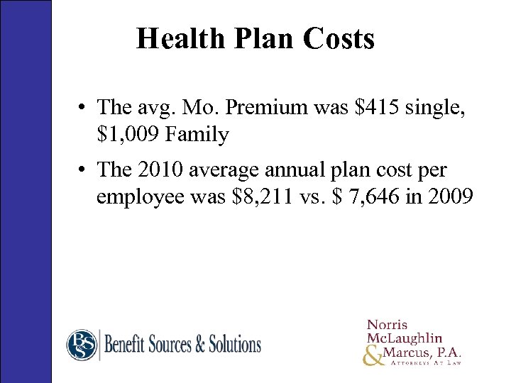 Health Plan Costs • The avg. Mo. Premium was $415 single, $1, 009 Family