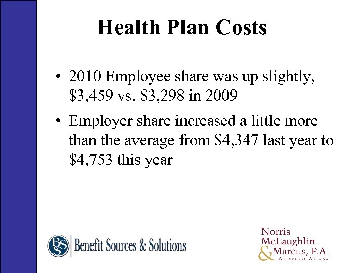 Health Plan Costs • 2010 Employee share was up slightly, $3, 459 vs. $3,