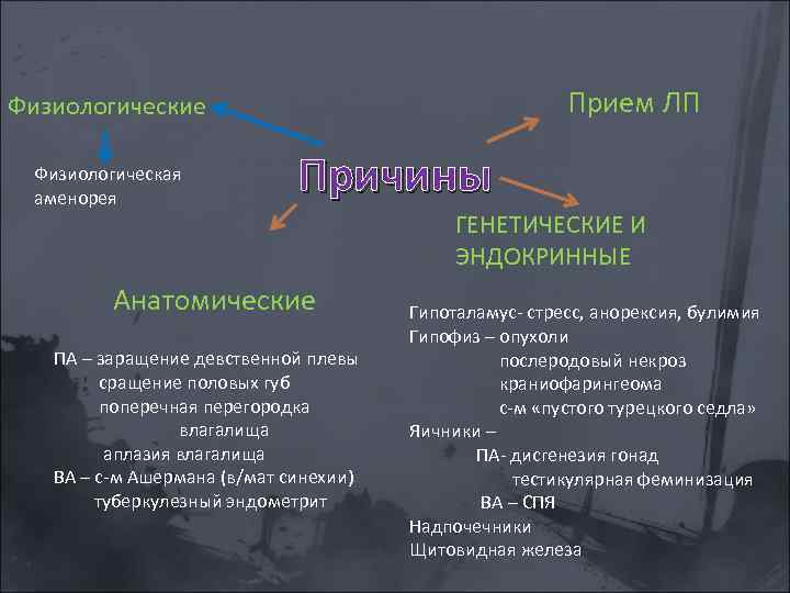 Прием ЛП Физиологические Физиологическая аменорея Причины Анатомические ПА – заращение девственной плевы сращение половых