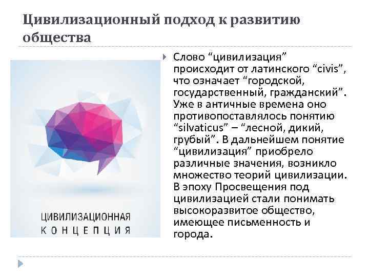 Цивилизационный подход к развитию общества Слово “цивилизация” происходит от латинского “civis”, что означает “городской,